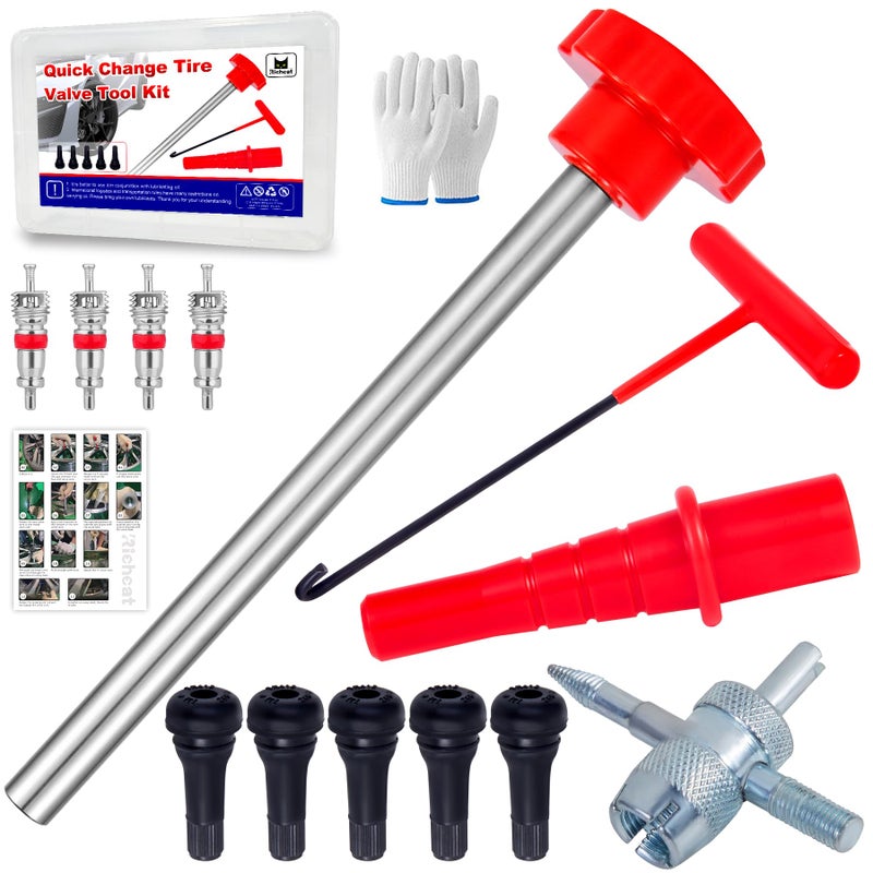 Richcat Quick Change Tire Valve Tool Kit Tire Valve Stem Core Quickly Replacement Tool Kit Perfect Tool for Replacing Leaky Valves in Cars ATVs Trucks Motorcycles  etc.with 5 TR413 Valve 4-Way Valve Tool - Image 1